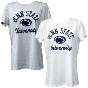 women's short sleeve gray and white t-shirts with distressed Penn State University and Athletic Logos